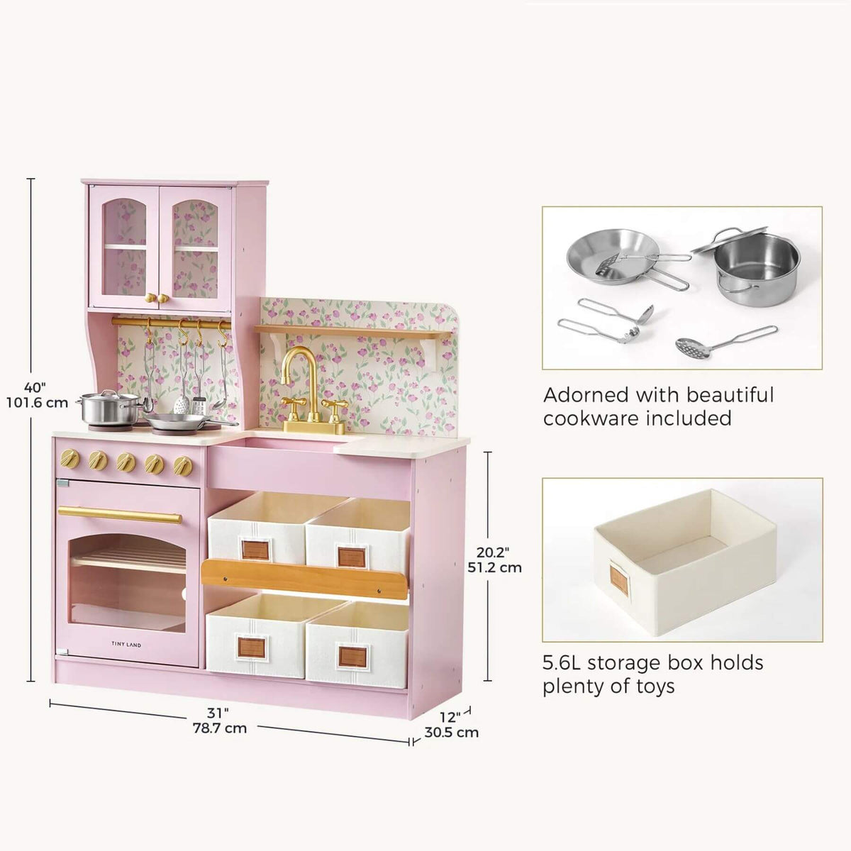 Tiny Land® Wooden Play Kitchen - Pink, and included cookware shown in inset images with dimensions labeled on a light gray background.