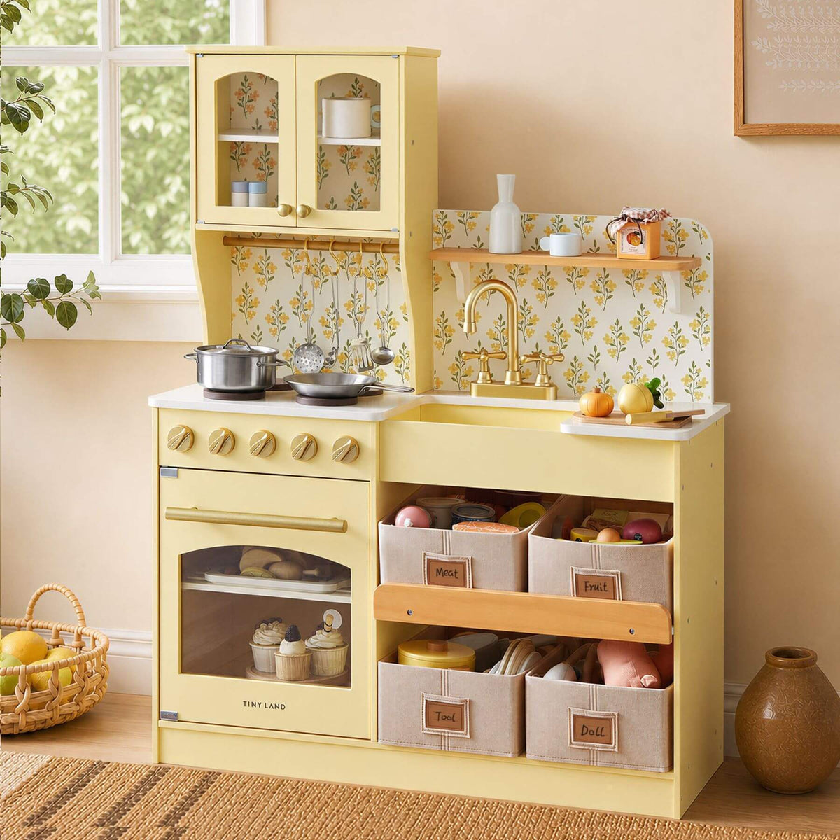 Tiny Land® Wooden Play Kitchen with Storage - Yellow, styled in a warm, retro-inspired room