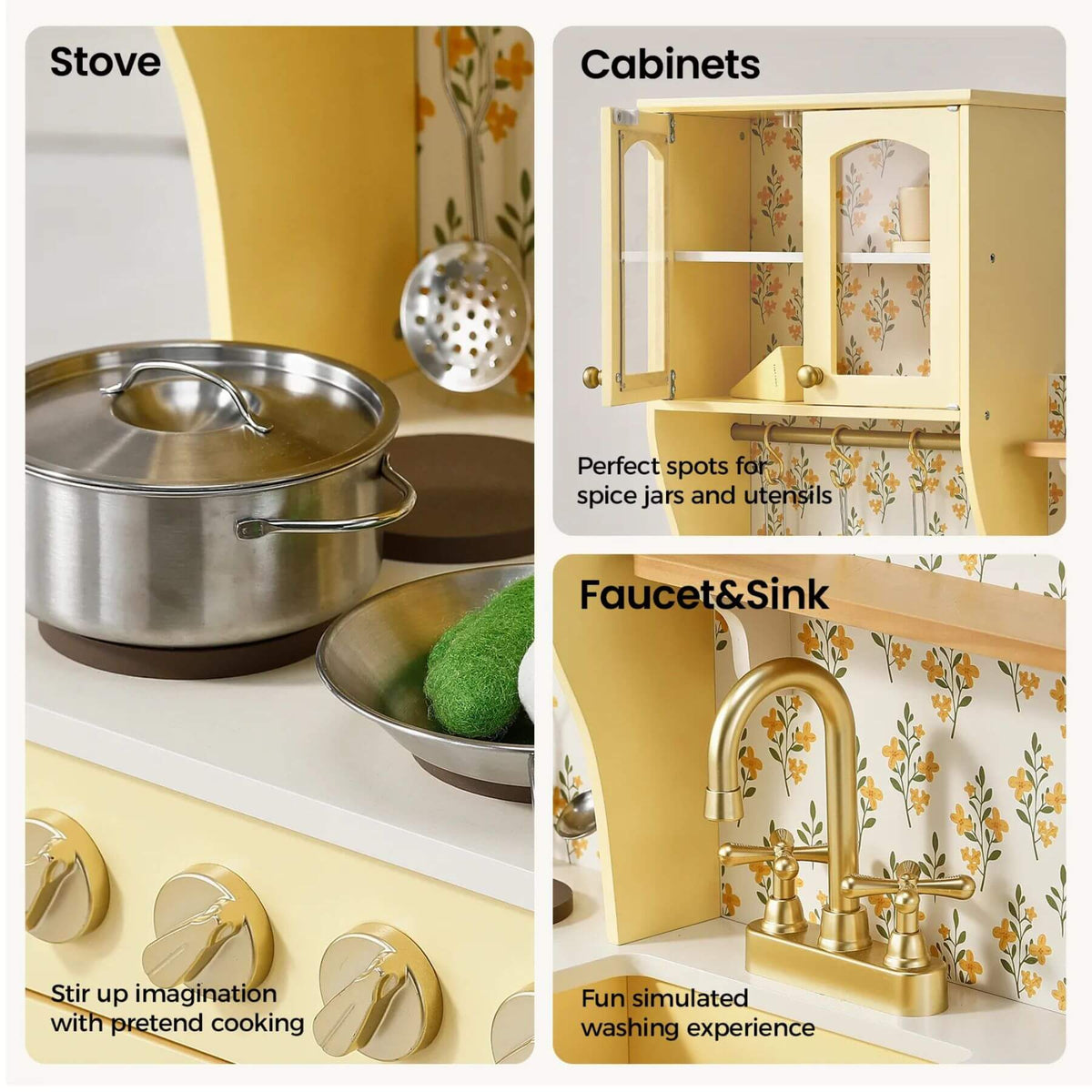 A collage showing a children's play kitchen with labeled features: Stove with a pot, Cabinets with floral interior, Faucet & Sink with gold faucet, and text callouts for pretend cooking and washing experience.