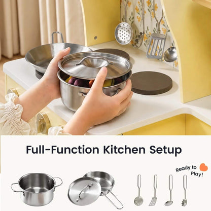 A children's play kitchen scene showing hands holding a stainless steel pot with a lid