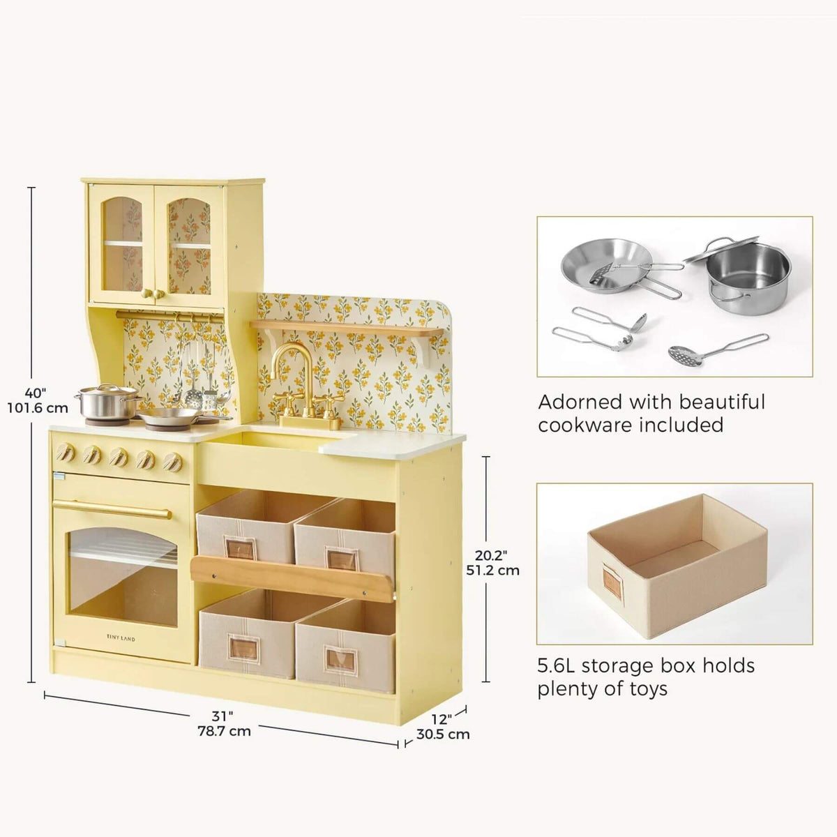 Tiny Land® Wooden Play Kitchen with Storage - Yellow shown on a light gray background with measurement callouts and inset details.