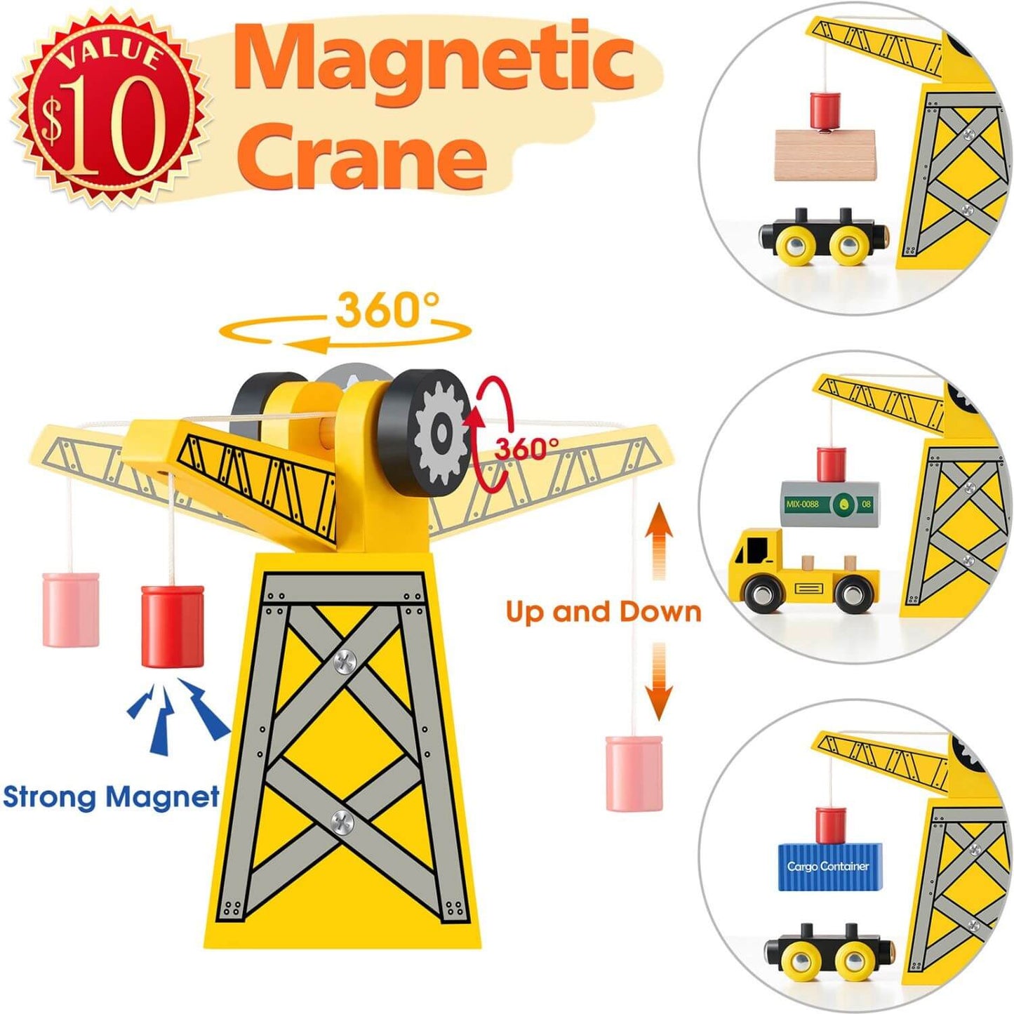 Toy crane with magnetic features and value label on a white background
