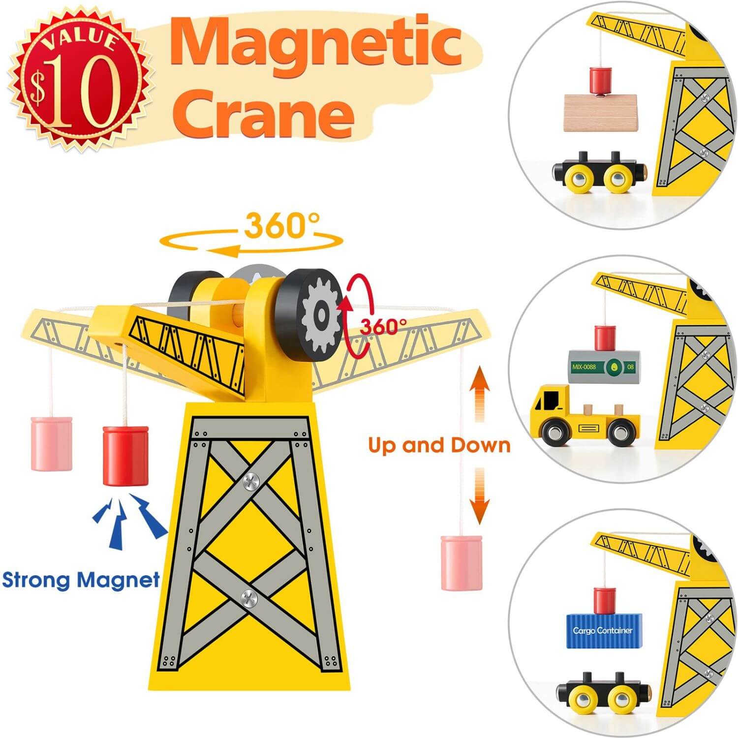 Toy crane with magnetic features and value label on a white background