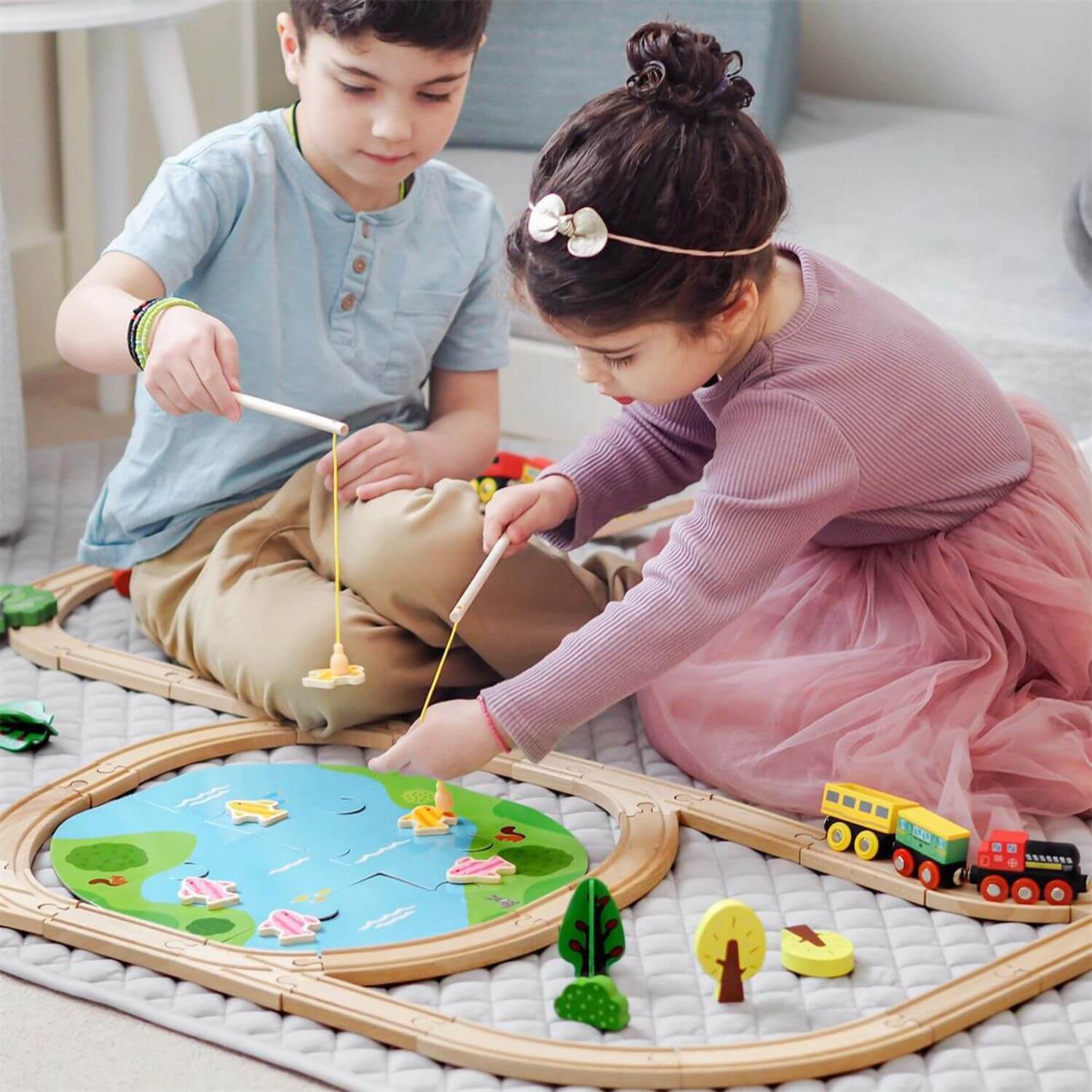 Kids Playing Tiny Land® Wooden Train Set 110 Pcs