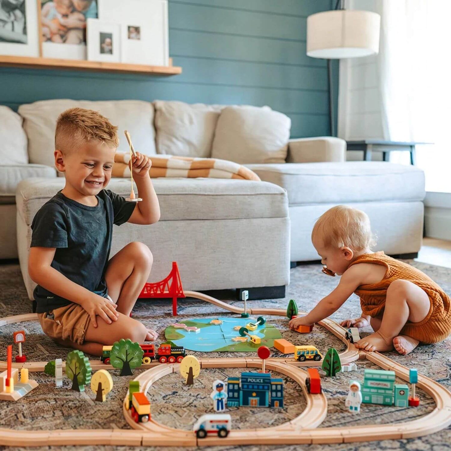 Kids Playing Tiny Land® Wooden Train Set 110 Pcs