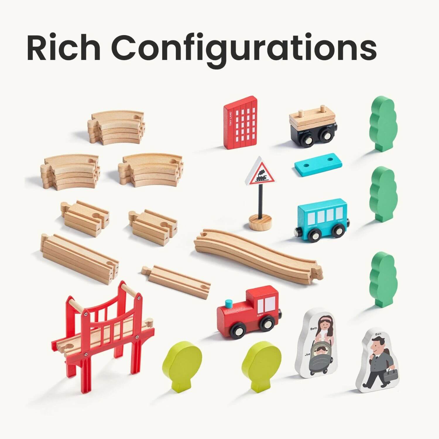 Accessories of Tiny Land® Wooden Train Set for Children 39 Pcs