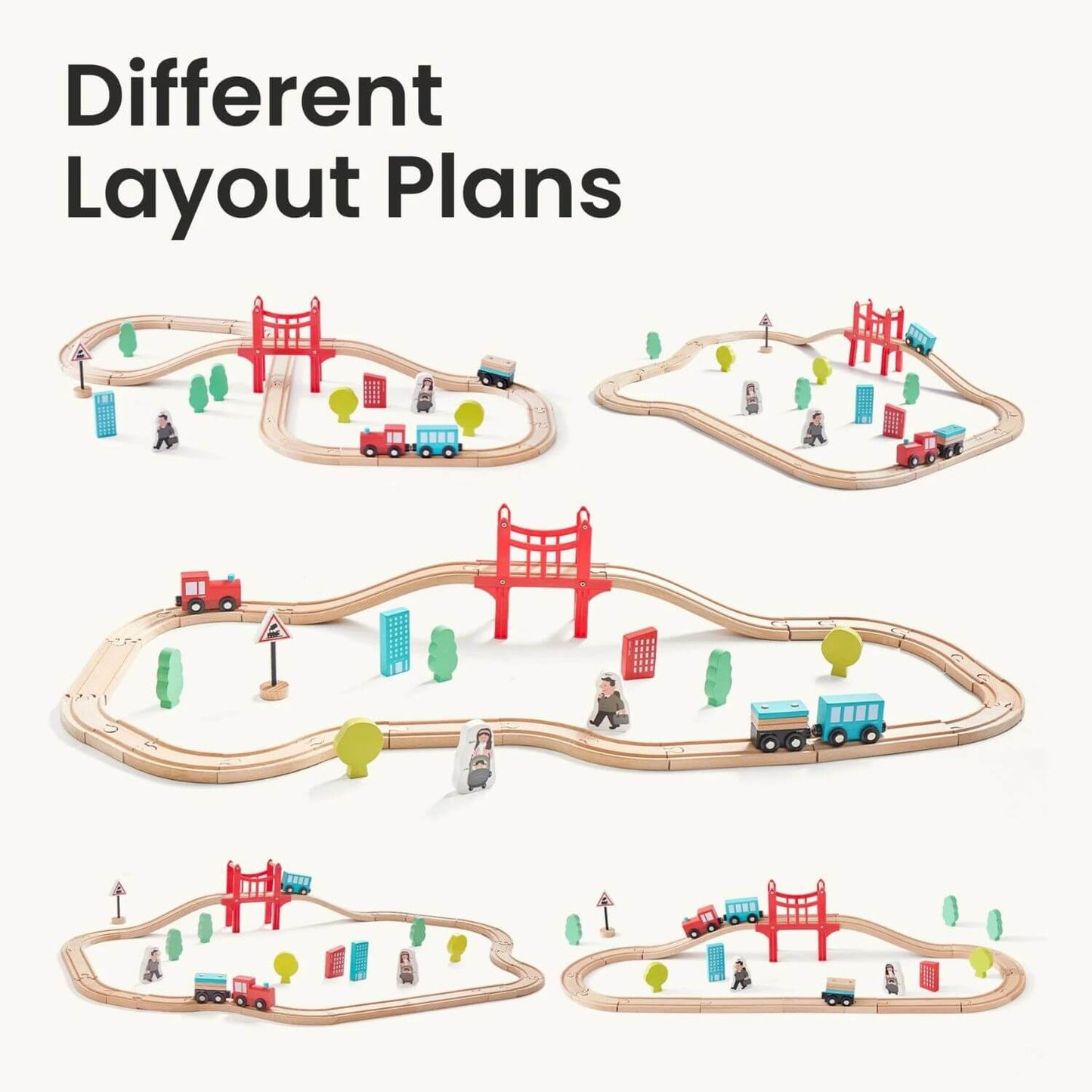 Wooden toy train tracks with various layouts and accessories on a white background.
