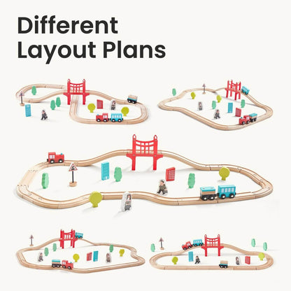 Wooden toy train tracks with various layouts and accessories on a white background.