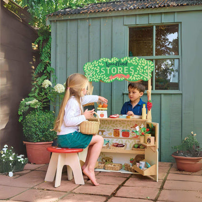 Two children playing with Tender Leaf Woodland Stores and Theater outdoors next to a green building.