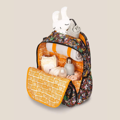 tokidoki Zealous Backpack Diaper Bag – Dia de los Muertos shown open, filled with baby items