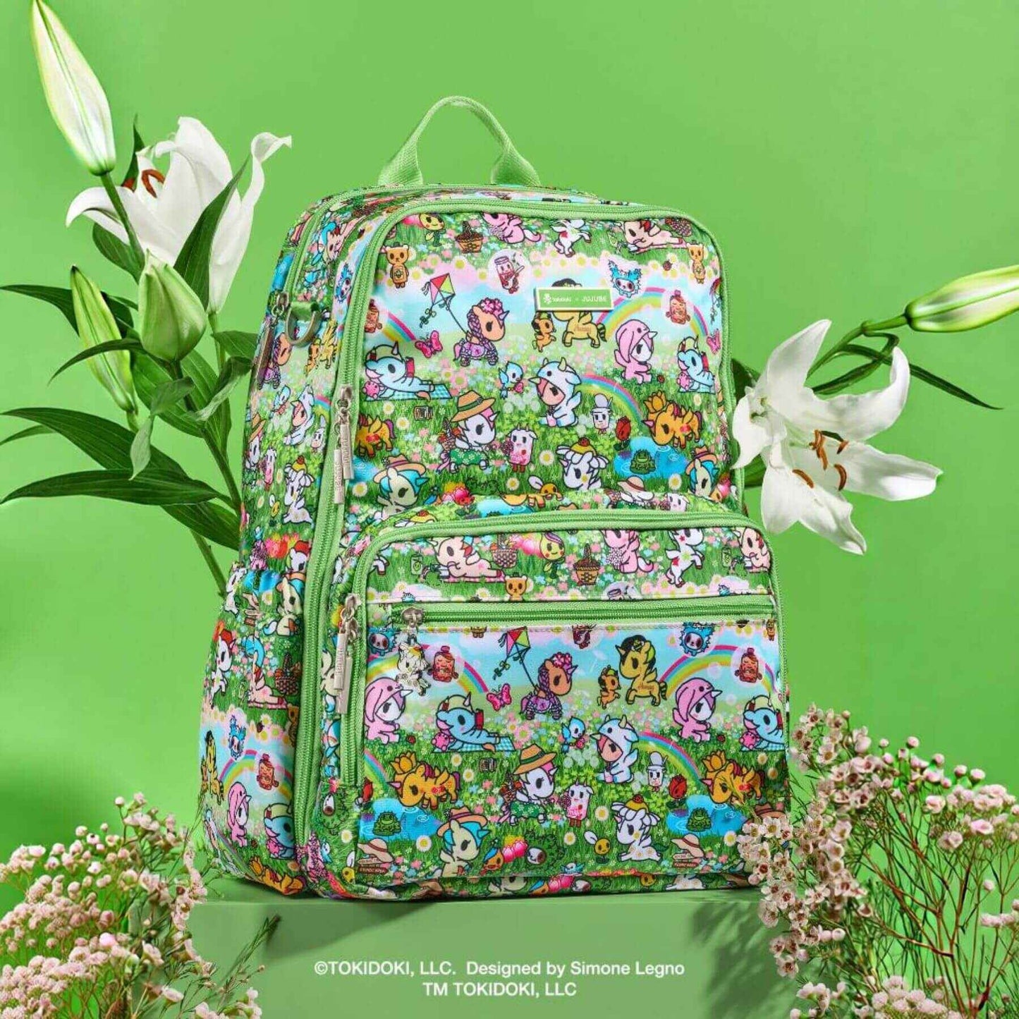 tokidoki Zealous Diaper Bag Backpack - Meadow Blooms on a green background