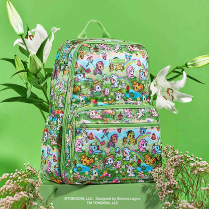 tokidoki Zealous Diaper Bag Backpack - Meadow Blooms on a green background