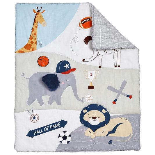 Children's blanket with animal illustrations and sports-themed elements on a white background