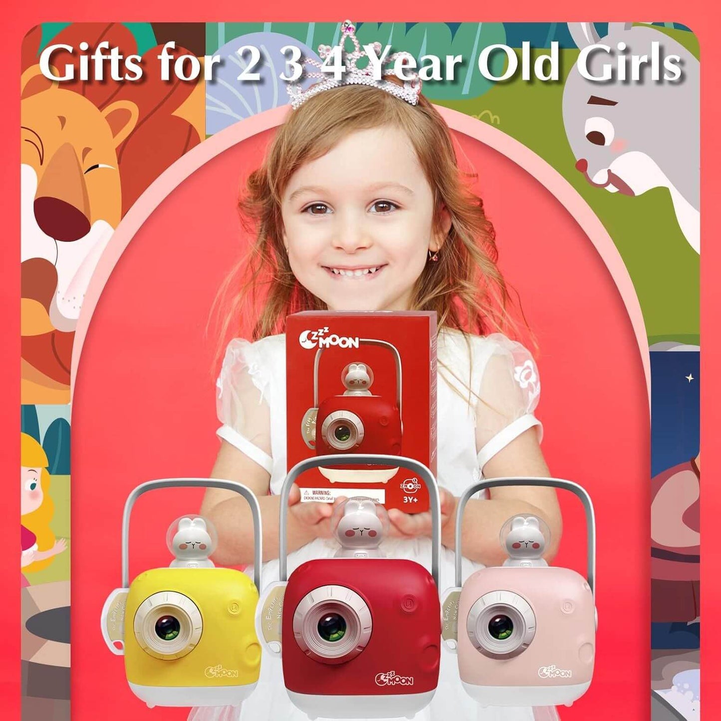 Girl Holding a ZzzMoon Kids Storyboard Projector Red