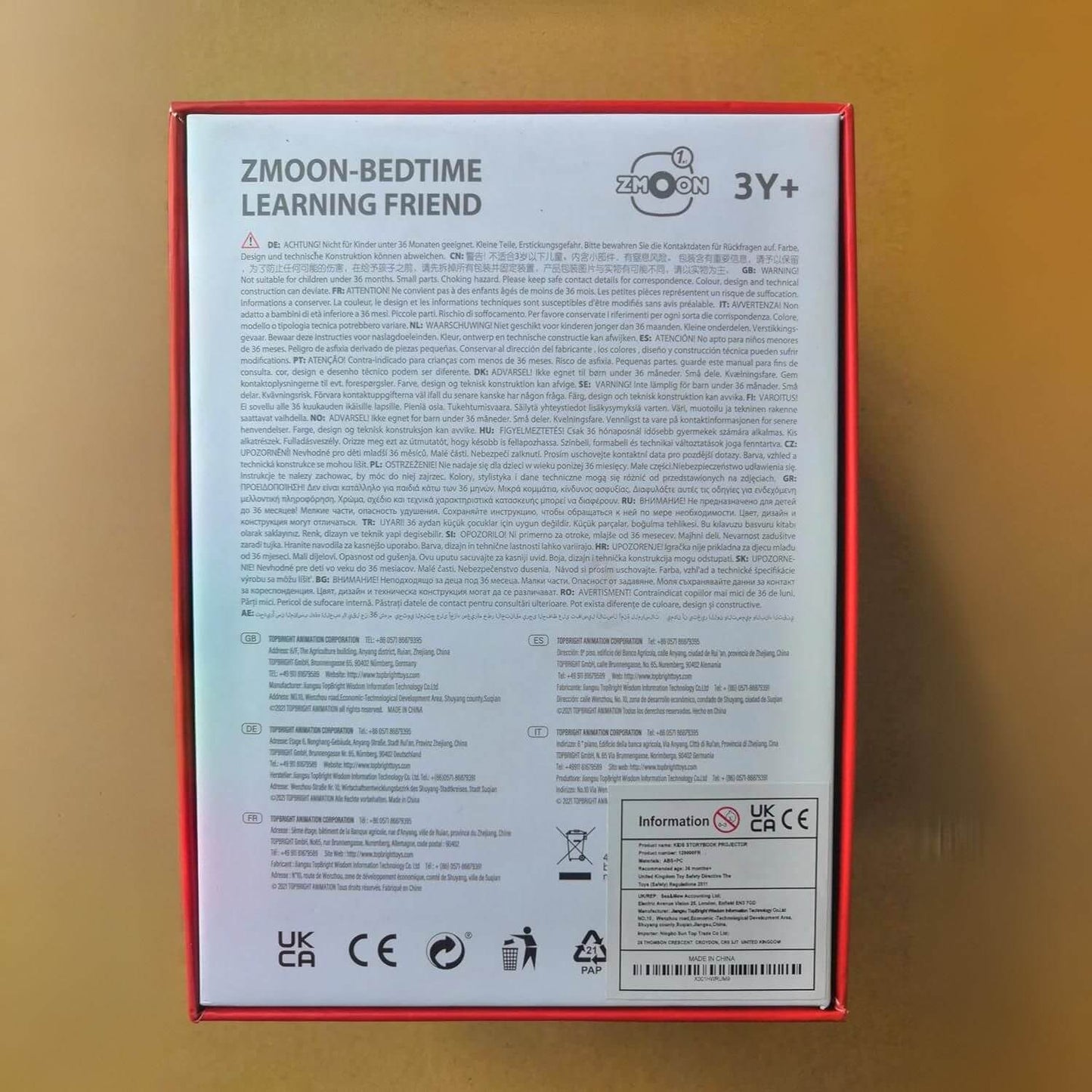 Back Side Package of ZzzMoon Kids Storyboard Projector Red