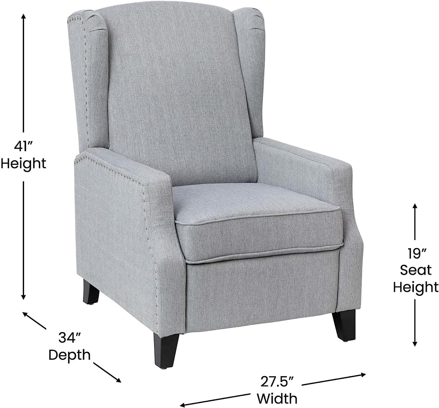 Flash Furniture Prescott Traditional Style Slim Push Back Recliner Chair-Wingback Recliner with Gray Polyester Fabric Upholstery-Accent Nail Trim